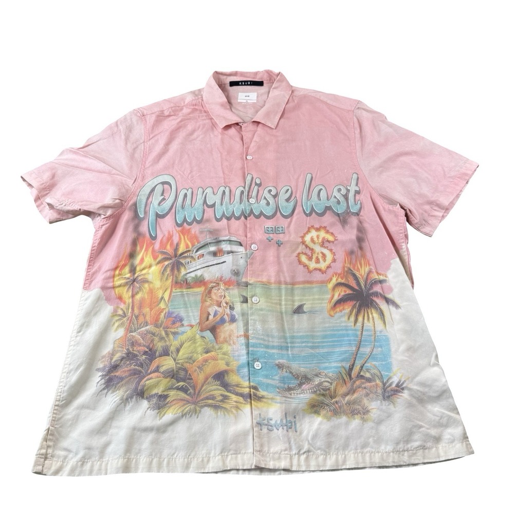 Ksubi Pink Paradise Lost Beach Theme Tencel SS Button Front Shirt XL MPF24SH025